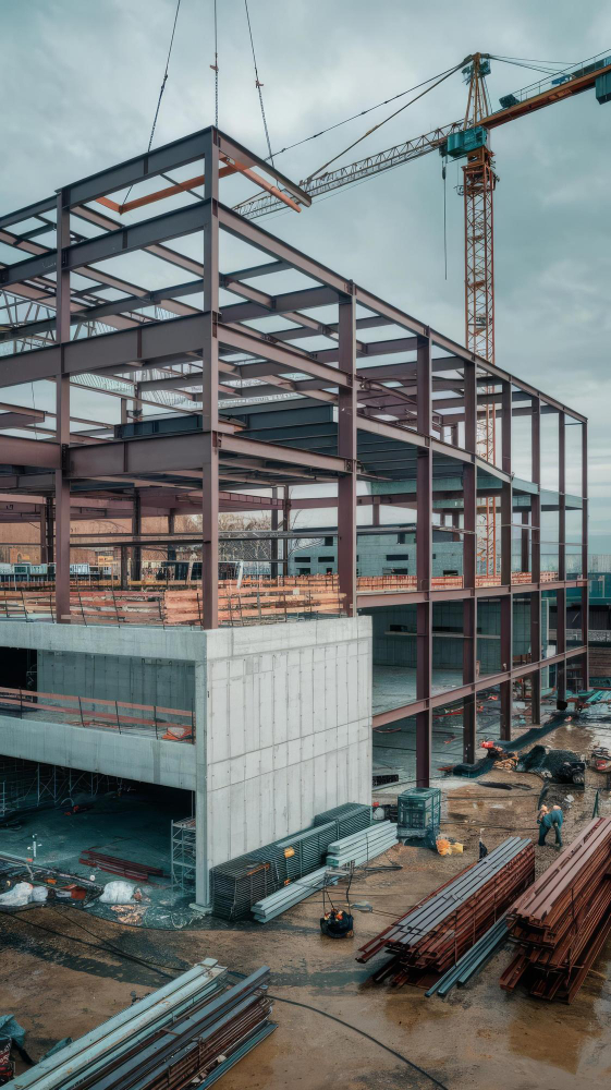 Steel frame under construction with tower crane